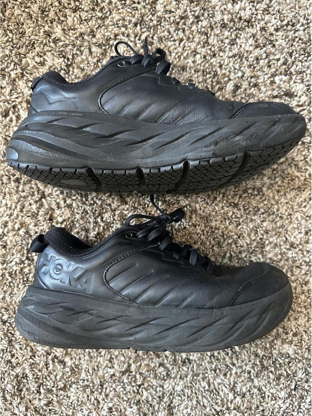 Hoka One One Bondi SR Size US 7D Black Leather work Sneakers slip resistant.